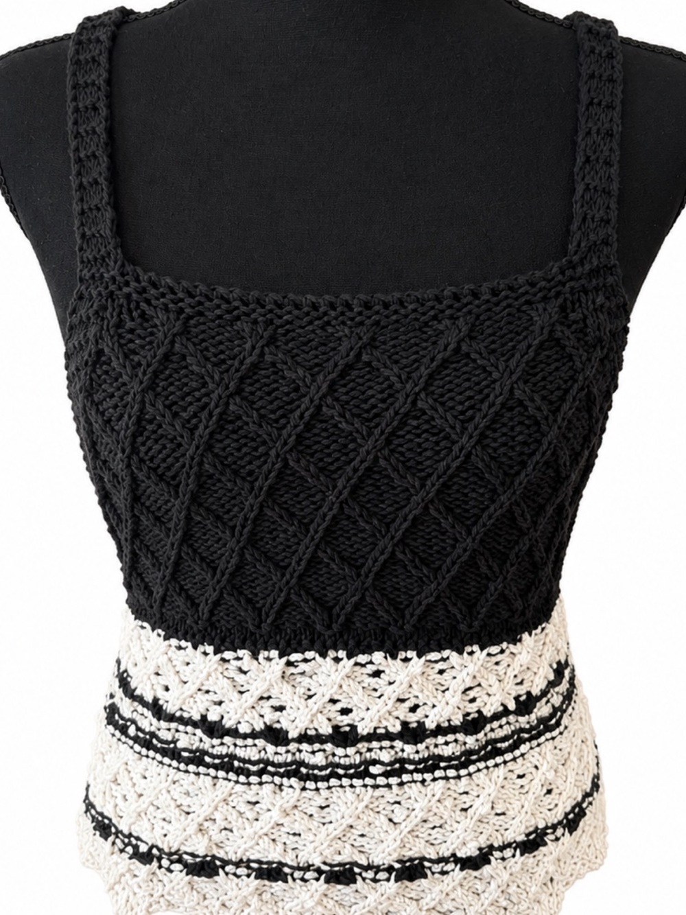 Zara Black & Cream Crochet Knit Tank Top Size Medium Boho Cottagecore